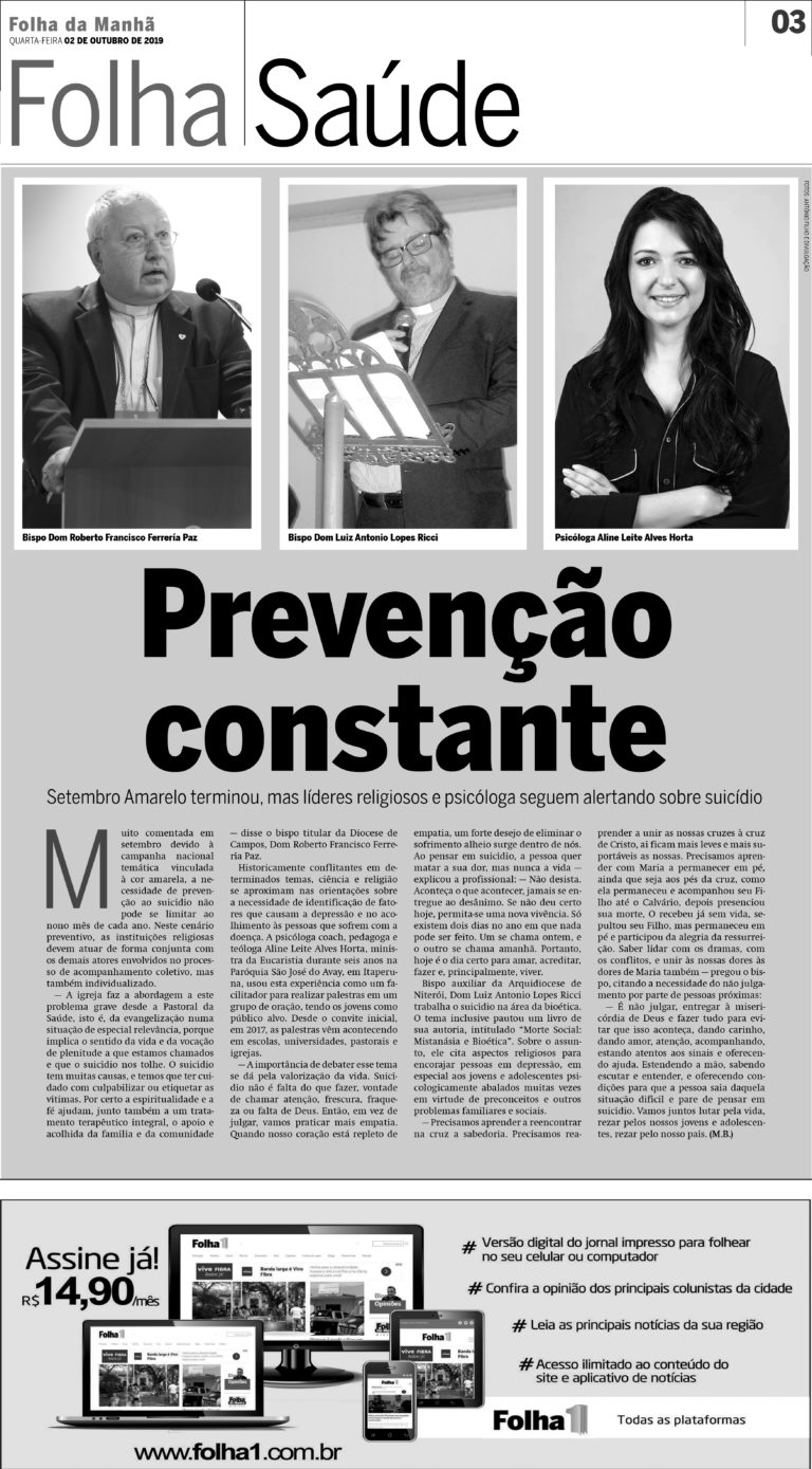 Diocese de Campos destaque em reportagem publicada no Jornal Folha da Manhã