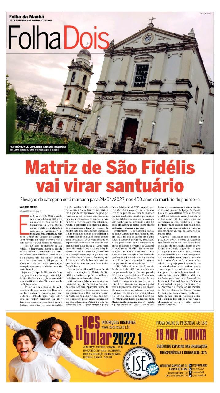 Paróquia São Fidélis é destaque na Folha da Manhã